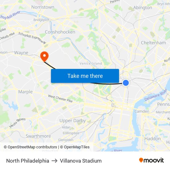North Philadelphia to Villanova Stadium map