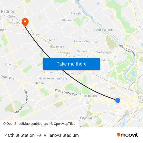 46th St Station to Villanova Stadium map