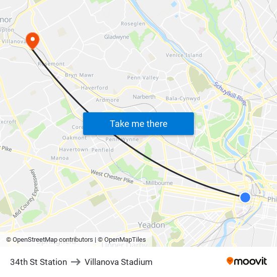 34th St Station to Villanova Stadium map