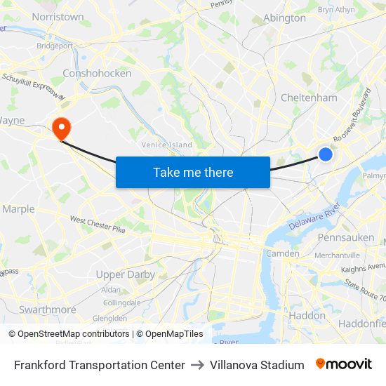 Frankford Transportation Center to Villanova Stadium map