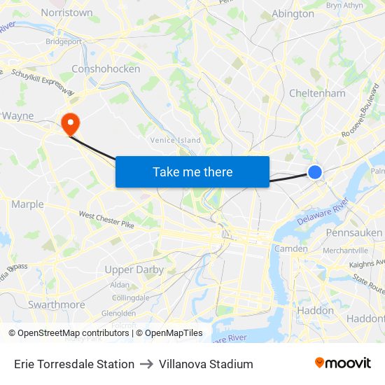 Erie Torresdale Station to Villanova Stadium map