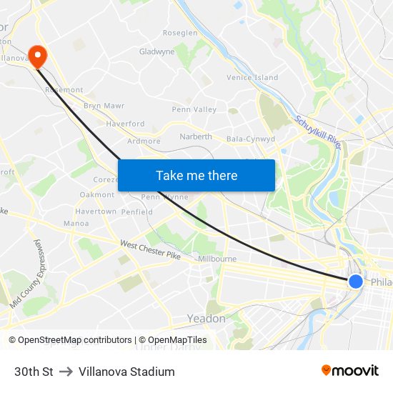 30th St to Villanova Stadium map