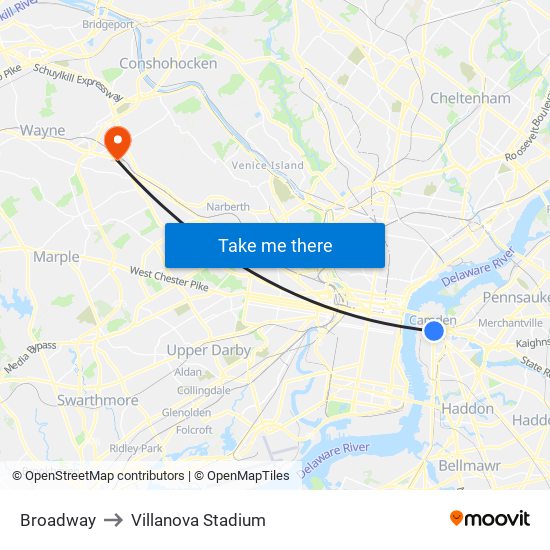 Broadway to Villanova Stadium map