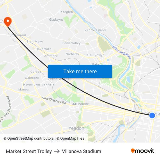 Market Street Trolley to Villanova Stadium map