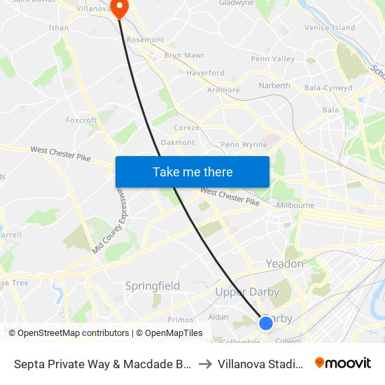 Septa Private Way & Macdade Blvd to Villanova Stadium map