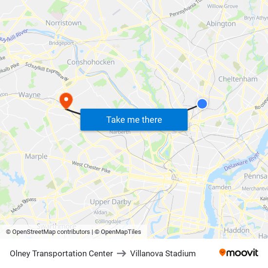 Olney Transportation Center to Villanova Stadium map