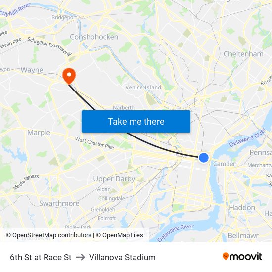6th St at Race St to Villanova Stadium map