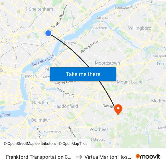 Frankford Transportation Center to Virtua Marlton Hospital map