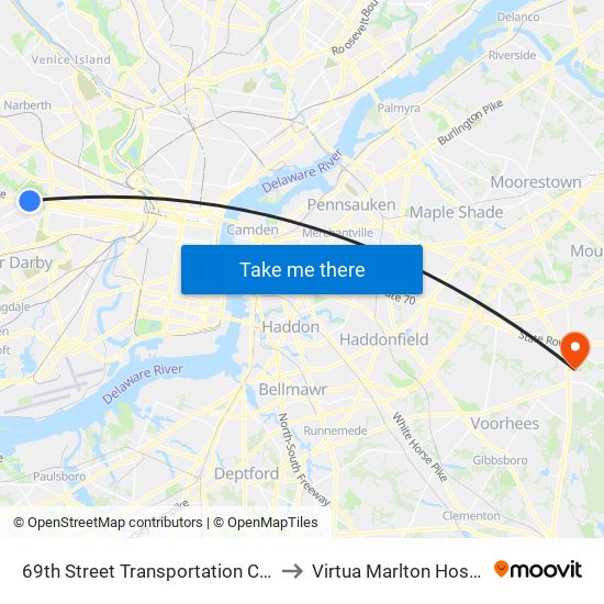 69th Street Transportation Center to Virtua Marlton Hospital map