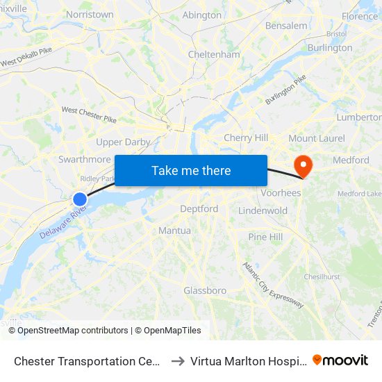 Chester Transportation Center to Virtua Marlton Hospital map