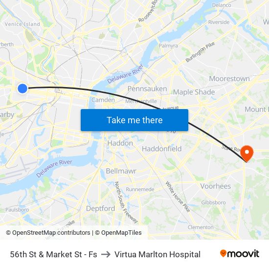 56th St & Market St - Fs to Virtua Marlton Hospital map