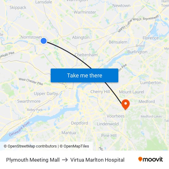 Plymouth Meeting Mall to Virtua Marlton Hospital map