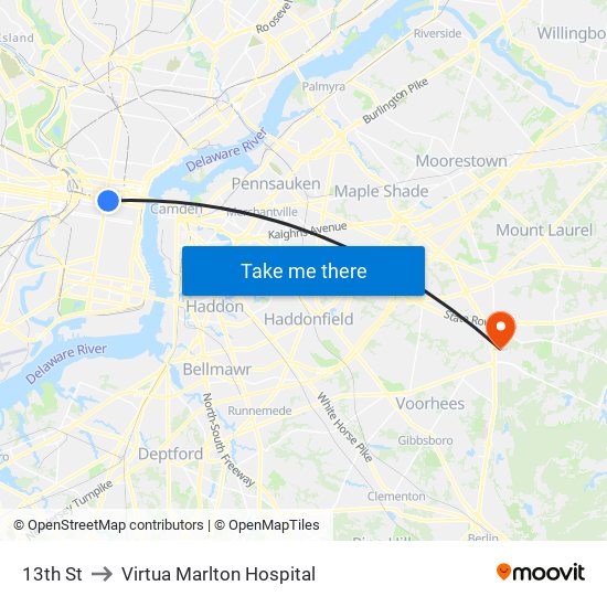 13th St to Virtua Marlton Hospital map