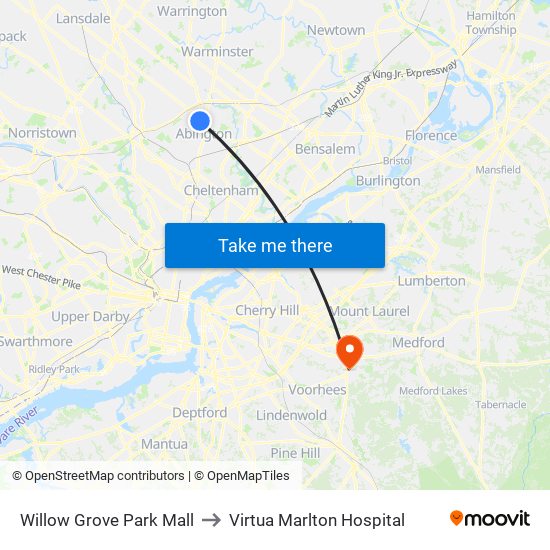 Willow Grove Park Mall to Virtua Marlton Hospital map