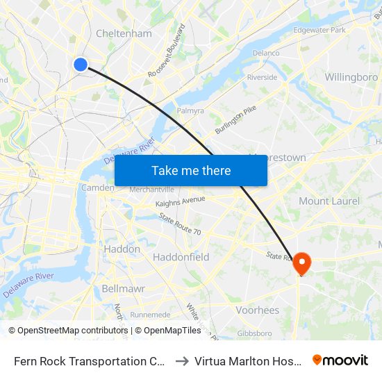 Fern Rock Transportation Center to Virtua Marlton Hospital map