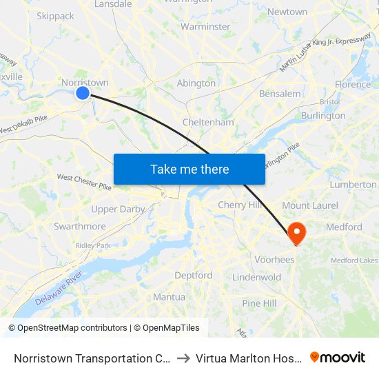 Norristown Transit Center to Virtua Marlton Hospital map