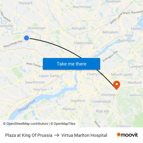 Plaza at King Of Prussia to Virtua Marlton Hospital map
