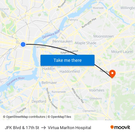 JFK Blvd & 17th St to Virtua Marlton Hospital map