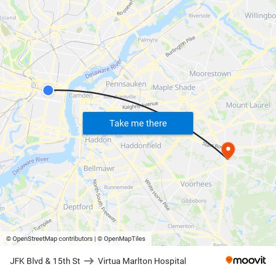 JFK Blvd & 15th St to Virtua Marlton Hospital map