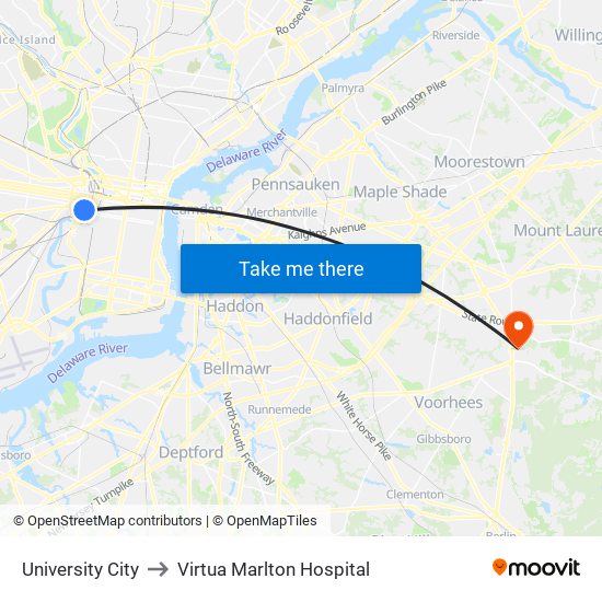 University City to Virtua Marlton Hospital map