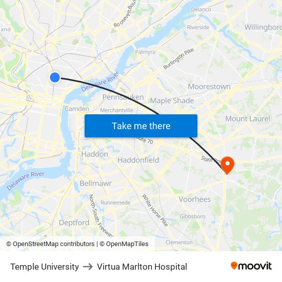 Temple University to Virtua Marlton Hospital map