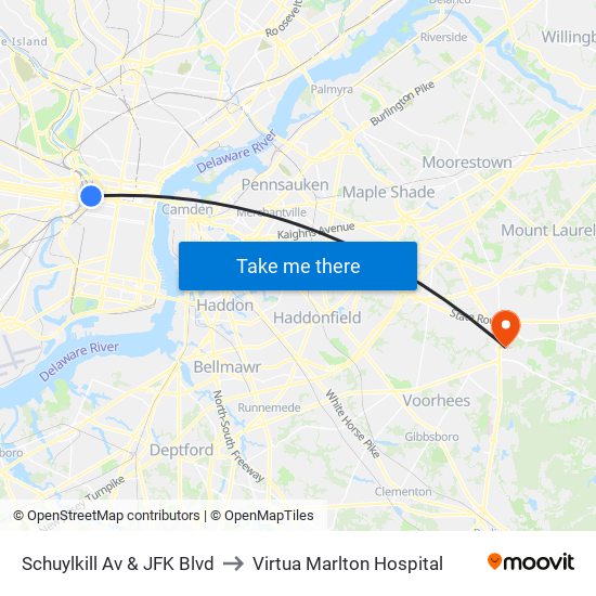 Schuylkill Av & JFK Blvd to Virtua Marlton Hospital map