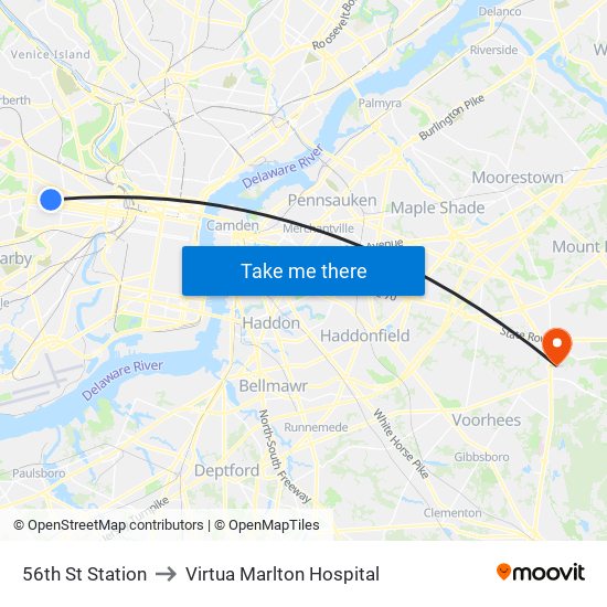 56th St Station to Virtua Marlton Hospital map