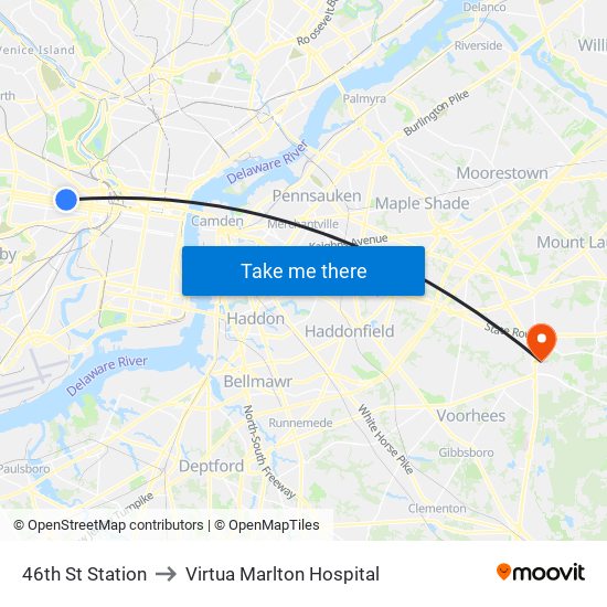 46th St Station to Virtua Marlton Hospital map