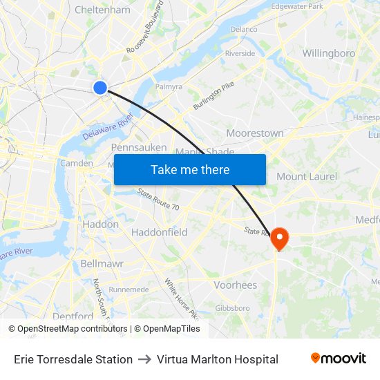Erie Torresdale Station to Virtua Marlton Hospital map