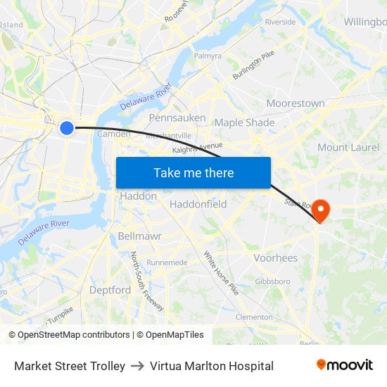 Market Street Trolley to Virtua Marlton Hospital map