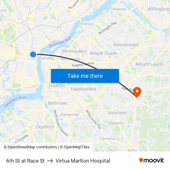 6th St at Race St to Virtua Marlton Hospital map