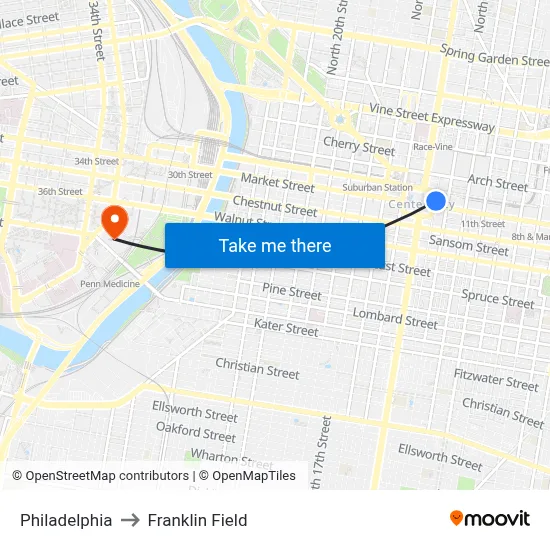 Philadelphia to Franklin Field map