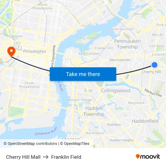 Cherry Hill Mall to Franklin Field map