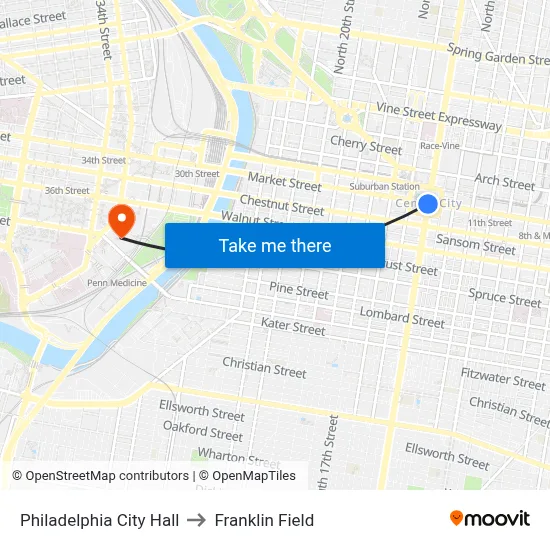 Philadelphia City Hall to Franklin Field map