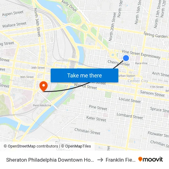 Sheraton Philadelphia Downtown Hotel to Franklin Field map