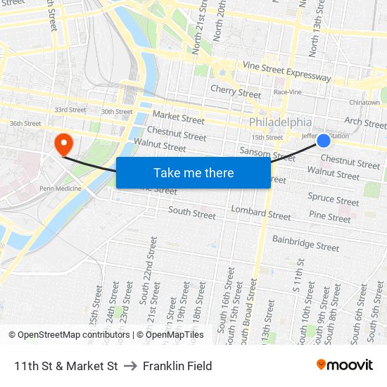 11th St & Market St to Franklin Field map