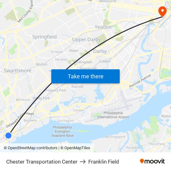 Chester Transportation Center to Franklin Field map