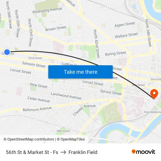 56th St & Market St - Fs to Franklin Field map
