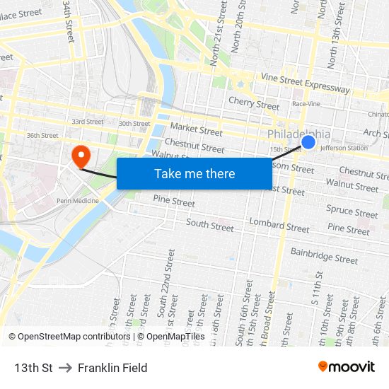 13th St to Franklin Field map