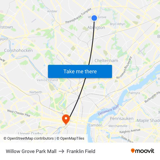 Willow Grove Park Mall to Franklin Field map