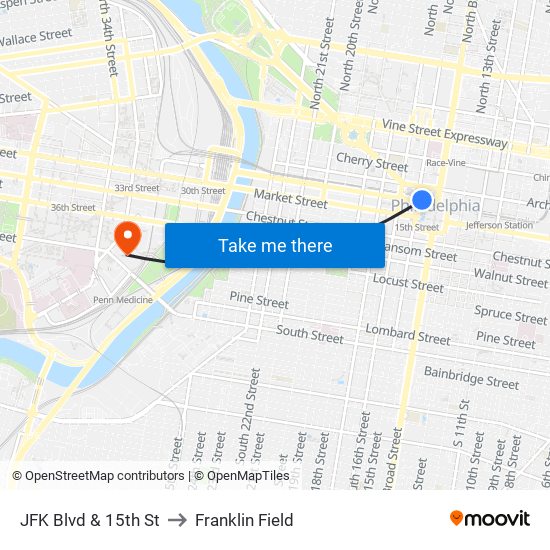 JFK Blvd & 15th St to Franklin Field map