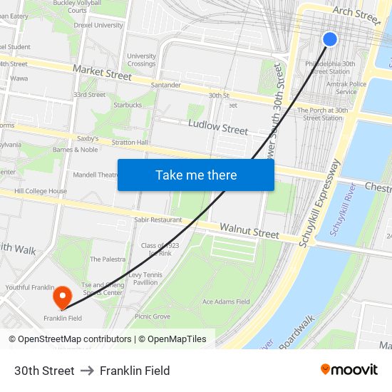 30th Street to Franklin Field map