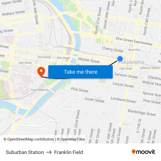 Suburban Station to Franklin Field map
