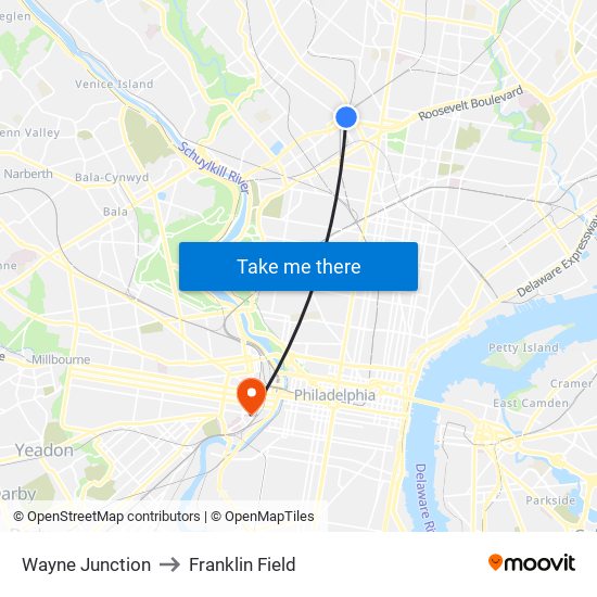 Wayne Junction to Franklin Field map