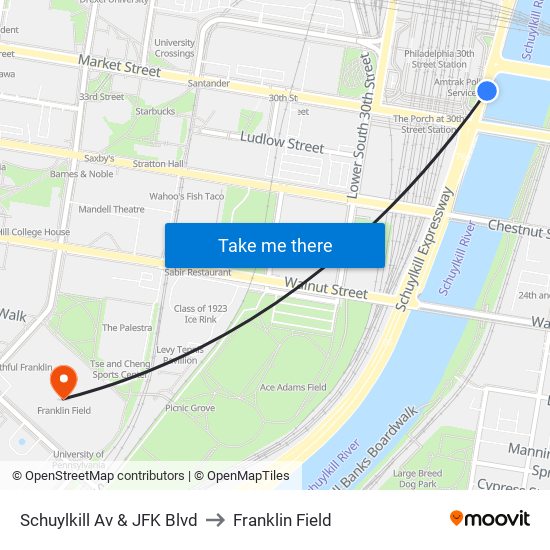 Schuylkill Av & JFK Blvd to Franklin Field map