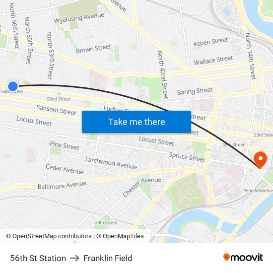 56th St Station to Franklin Field map