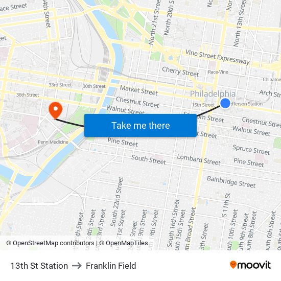 13th St Station to Franklin Field map