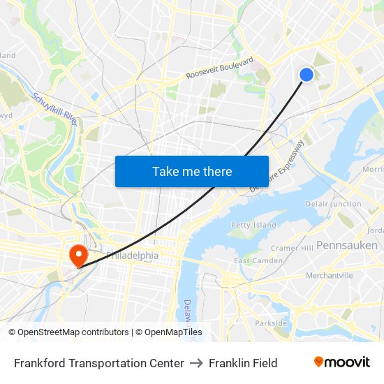 Frankford Transportation Center to Franklin Field map