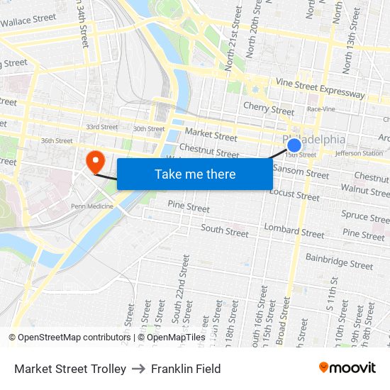 Market Street Trolley to Franklin Field map