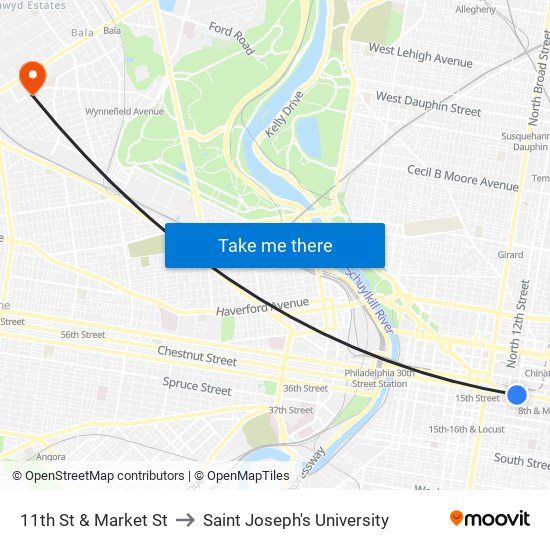11th St & Market St to Saint Joseph's University map